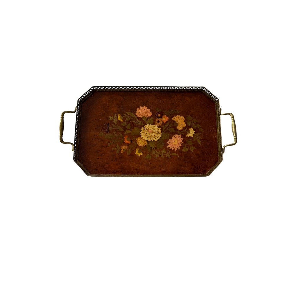 Vintage Sorrento Italy Marquetry Wood Inlay Serving Tray Pierced Brass Gallery